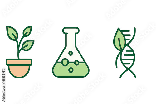 Minimalist Eco Science Vector Icons Set of Nature, Laboratory Flask, and Green Biotechnology DNA Symbols, Cartoon Style Transparent Background, Environmental and Scientific Concepts