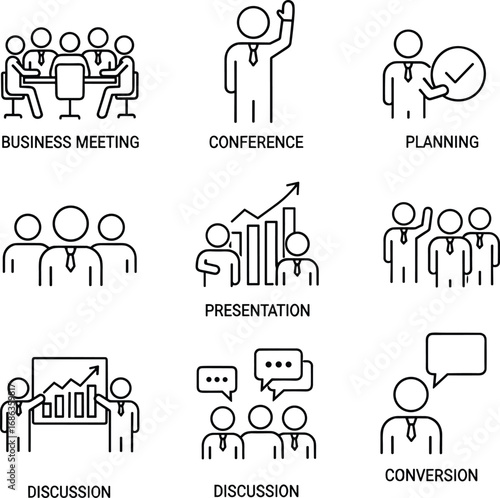 Black-and-white business icons — meetings, presentations, planning, discussions, conversion, conference speaker, strategic communication, corporate activity illustration set