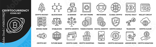 Finance & Cryptocurrency icon collection set. Containing design Bitcoin Orbit, Crypto Rocket, Blockchain Nodes, AI Banker, Global Crypto, Crypto Mining Farm