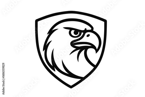 Eagle head logo vector icon. Falcon mascot shield emblem. Hawk bird of prey crest symbol. Security company insignia. Power and strength concept. Line art illustration.