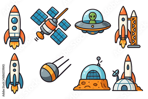 Colorful vector cartoon icons of space exploration featuring rockets, satellites, UFO with alien, space capsule, moon base, and futuristic space structures in transparent design