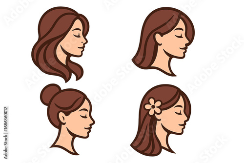 Set of female head profiles with different hairstyles. Vector illustration for beauty salon, spa, or cosmetics. Woman face logo icon collection with long hair, bun, and bob.