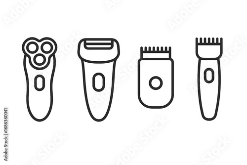 Minimalist electric shaver icons set, modern line art grooming tools, vector cartoon illustration with transparent background, ordered collection of shaving and trimming devices