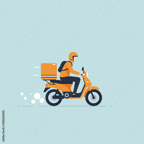 A courier wearing a helmet rides an orange scooter for an express delivery service, illustrating quick logistics and fast shipping