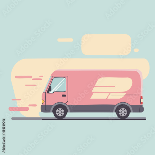 A modern vector illustration of a pink delivery van in motion, representing express shipping, logistics, and fast courier service concepts