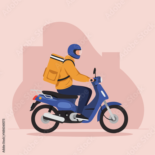 Urban courier on a blue scooter delivering packages, providing essential and swift service in the city, an efficient solution for modern e-commerce and logistics