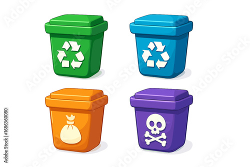Colorful 3D Trash Bin Icons Set for Recycling, Hazardous Waste, Garbage and Compost, Vector Cartoon Illustration, Isolated on Transparent Background, Environmental and Waste Management Concepts
