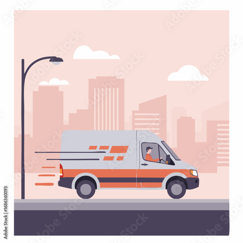 Dynamic urban delivery service van in motion, swiftly transporting parcels and goods through a bustling city landscape, embodying efficiency and modern logistics for timely distribution