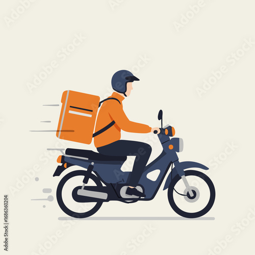 Professional delivery person on a scooter with a delivery box in motion