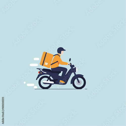 Delivery person riding a motorcycle with an insulated bag on a light blue background