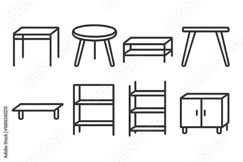 Minimalist furniture icons set with tables, shelves, stands, cabinets in clean linear style. Modern vector cartoon illustration, simple home and office furniture collection.