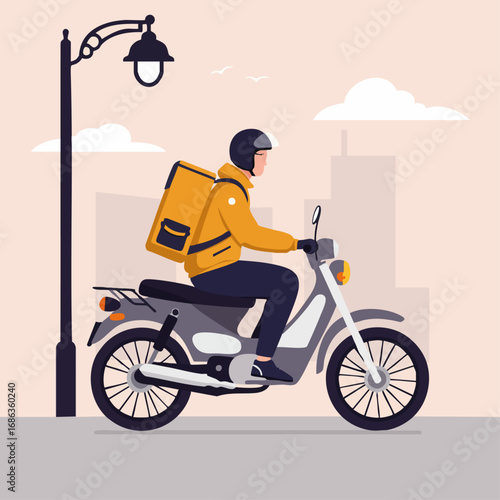 Delivery person riding a scooter with a yellow thermal bag on their back