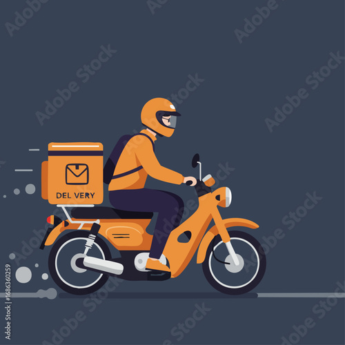 Flat design concept of an express delivery service, featuring a courier on a moped for fast and efficient transport