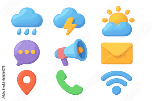 3D icon set with weather and communication symbols. Vector cartoon style. Cloud, rain, sun, storm, chat, mail, phone, wifi, location pin. For web design, mobile app ui.