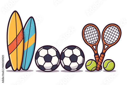 Sports equipment set with surfboard, soccer ball, tennis racket. Vector icon collection for outdoor activities, hobbies, fitness, and healthy lifestyle. Flat cartoon illustration.