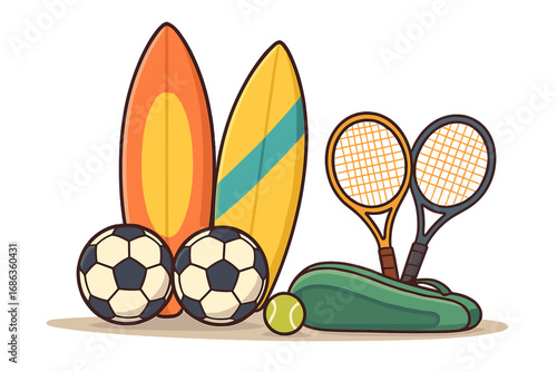 Sports equipment collection. Vector cartoon illustration of surfboard, soccer ball, and tennis racket. Set of gear for summer activity, hobby, and recreation. Flat design icon.