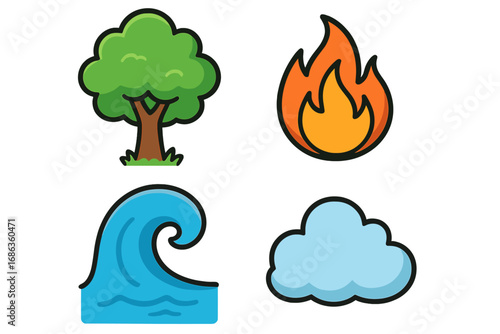 Four elements of nature icon set. Vector cartoon symbols of fire, water, air, and earth. Tree, flame, wave, and cloud illustration for ecology and environment concepts.