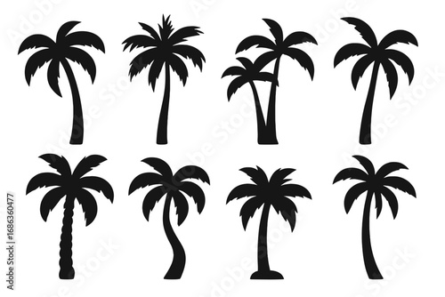 Set of black palm tree silhouettes. Tropical coconut tree collection for summer vacation design. Exotic island beach graphic element. Vector logo icon clipart for nature concept.