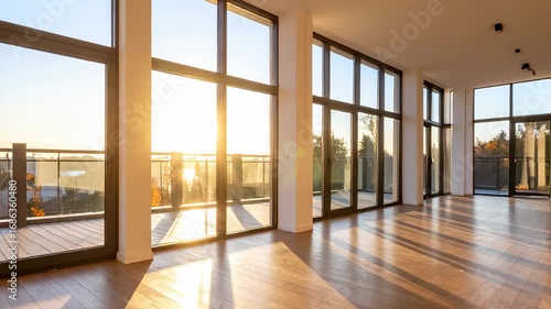 Sunlit empty room with large windows and balcony