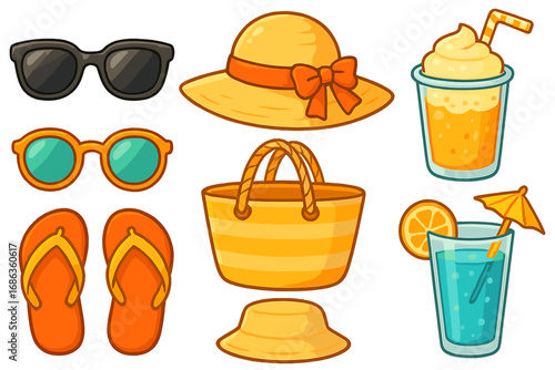 Summer beach vacation icon set. Vector cartoon illustration collection of items. Sunglasses, sun hat, flip flops, tote bag, cocktail, smoothie. Holiday travel design elements.