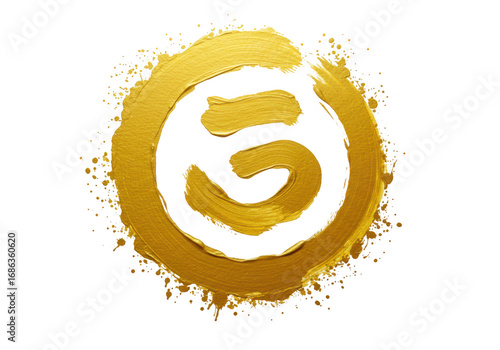 Golden circular brush stroke with abstract swirl isolated on transparent background