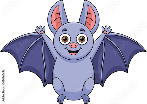Cartoon bat with pink nose and wide smile — purple body, open wings, raised arms, expressive eyes, friendly nocturnal character