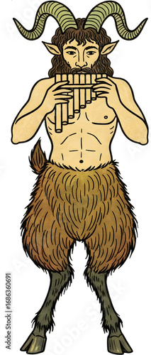 A mythical faun or satyr playing the pan flute. An ancient creature from Greek mythology with goat legs and horns. Hand drawn vintage style illustration.