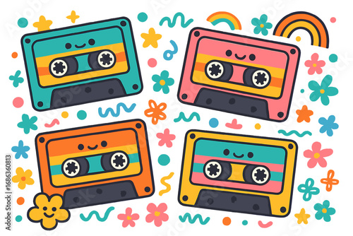 Cute retro cassette tape characters. Groovy 70s 80s 90s music concept. Kawaii cartoon audio tapes seamless pattern. Vintage vector illustration with flowers and rainbows.
