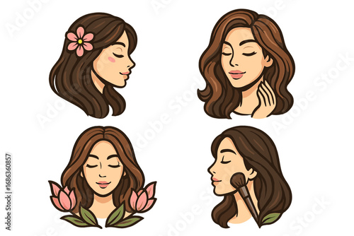 Set of beautiful woman face portraits for beauty salon, spa, cosmetics. Vector logo collection. Natural skin care, makeup and hairstyle concept. Cartoon girl character icons.