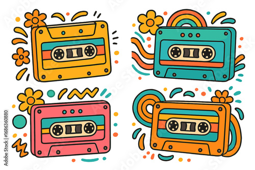 Set of retro cassette tapes. Groovy 70s nostalgia concept. Vintage 80s 90s music audio tapes. Colorful pop art doodle sticker pack. Vector cartoon illustration isolated.