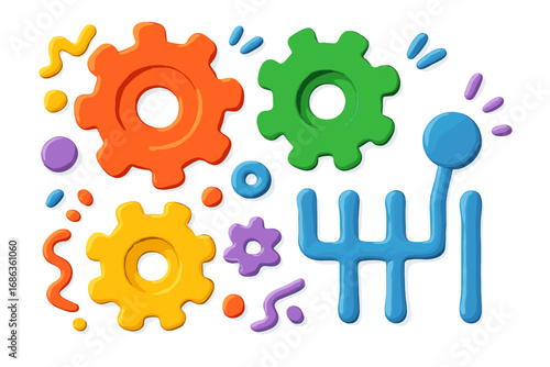 Colorful 3D plasticine gears and manual transmission shifter. Clay style cartoon vector set. Concept of mechanism, system, teamwork, process, and mechanical engineering parts.