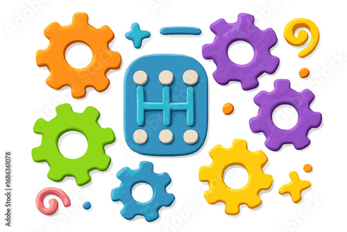 Colorful clay style car gear shift pattern and cogs. Playful 3D plasticine vector icons. Manual transmission, mechanics and engineering concept. Abstract machine elements set.