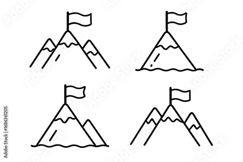 Simple black and white line art of mountains with flags in various orientations and wave patterns, vector cartoon illustration, minimalist mountain peaks with flags, transparent background