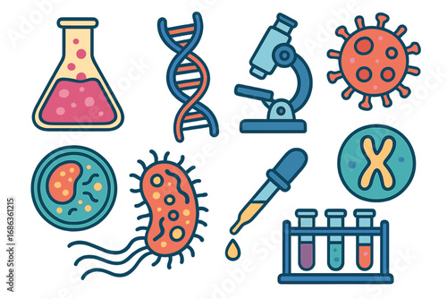 Science icon set vector illustration. Biology, genetics, and microbiology concepts. Laboratory research equipment like microscope, flask, test tube, DNA, virus, and bacteria.