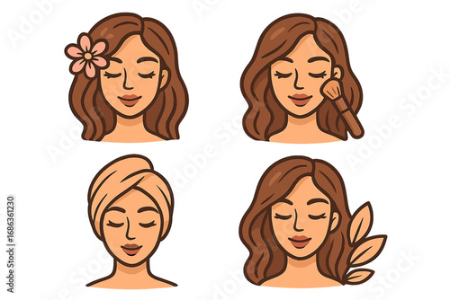 Beauty salon and spa icon collection. Woman face with flower, makeup brush, and towel. Natural skincare cosmetic treatment vector logo set. Female wellness self-care routine.