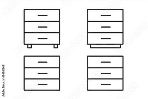 Minimalist line art chest of drawers icons collection, three drawer furniture vector set, simple storage cabinet illustrations, transparent background, modern home organization design