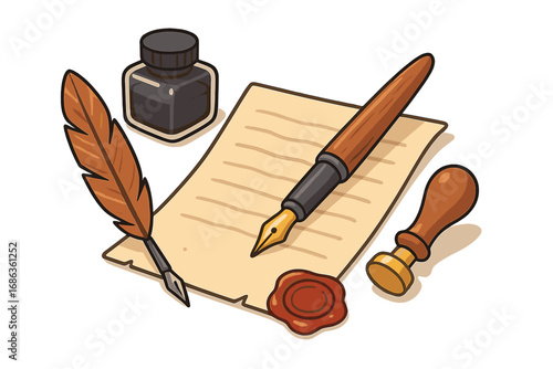 Stylish vintage writing tools with parchment paper, ink bottle, feather quill, fountain pen, and wax seal on light background, creative workspace vector cartoon illustration