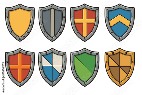 Set of medieval shields. Knight heraldry crests and emblems for game assets. Vector cartoon illustration of colorful protection symbols for battle, security, and fantasy themes.