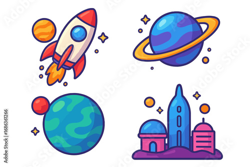 Space exploration vector icon set. Cartoon illustrations of a rocket ship launch, planets, stars, and a futuristic alien city. Galaxy travel and astronomy concept design.