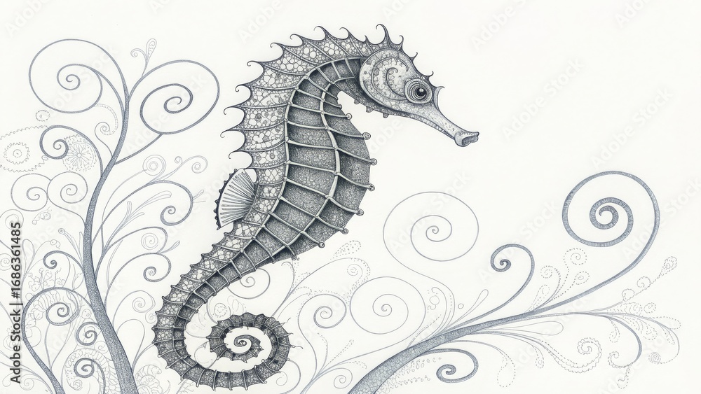 Fototapeta premium detailed pencil sketch illustration of a seahorse among swirling,elegant plants for websites or blogs dedicated to marine life,fantasy,tattoos,or intricate art.