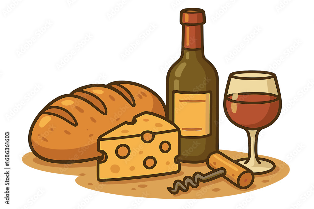 Naklejka premium Wine and cheese tasting. Red wine bottle, glass, bread loaf and swiss cheese wedge. Gourmet food pairing for picnic or appetizer. Vector cartoon still life illustration.