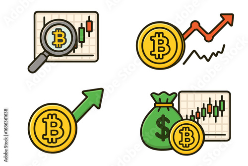 Bitcoin cryptocurrency trading icon set. BTC price analysis, market chart fluctuation, investment growth, and financial profit cartoon vector. Blockchain technology finance.