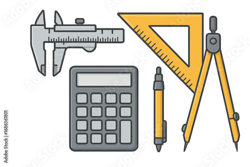 Precise Engineering and Architecture Measurement Tools Vector Cartoon Illustration, Vernier Caliper, Calculator, Set Square, Compass, Technical Drawing Instruments, Transparent Background