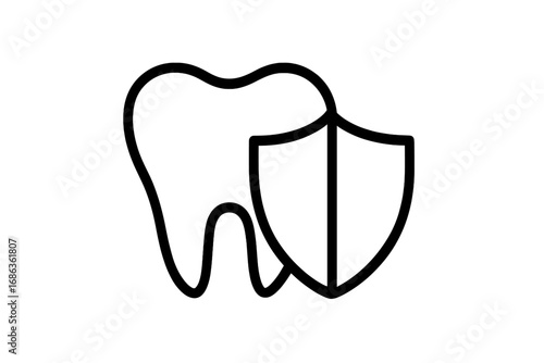 Tooth protection icon. Dental insurance symbol. Oral health care pictogram. Tooth with shield vector logo. Dentistry, hygiene, and security concept. Line art illustration.
