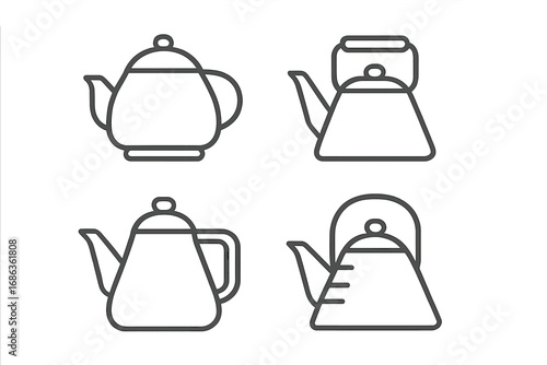 Minimalist teapot icons set in linear style, diverse modern kettle designs, kitchen essentials vector illustration, transparent background, stylized simple cookware collection