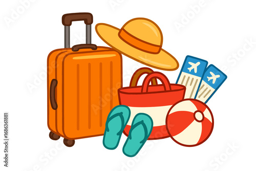 Travel essentials with suitcase, plane tickets, beach hat, flip flops, tote bag, and beach ball for a sunny vacation getaway - colorful vector cartoon illustration transparent background