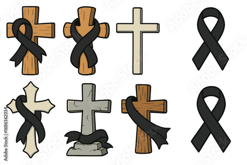 Variety of cross and black ribbon memorial designs, artistic vector illustrations with transparent background, funeral, mourning, remembrance symbols, religious decoration set