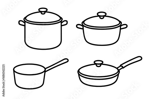 Cooking pots and pans collection. Minimalist outline style for kitchen design. Vector cartoon illustration set of kitchenware icons. Cookware, saucepan, stockpot symbols.
