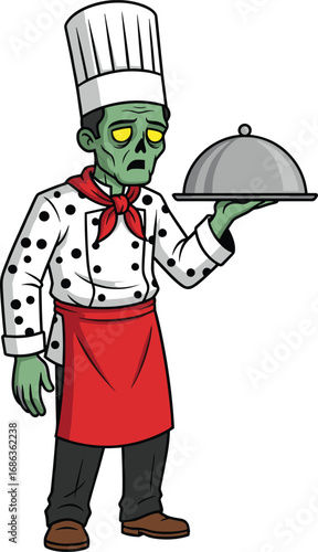 Cartoon zombie chef — green undead character in white hat, red apron, holding cloche, humorous cooking theme, spooky kitchen illustration