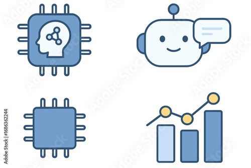 Modern Technology Icons Set Featuring AI Chip, Friendly Chatbot, Microprocessor, and Data Analytics Graph in Flat Vector Cartoon Style with Transparent Background
